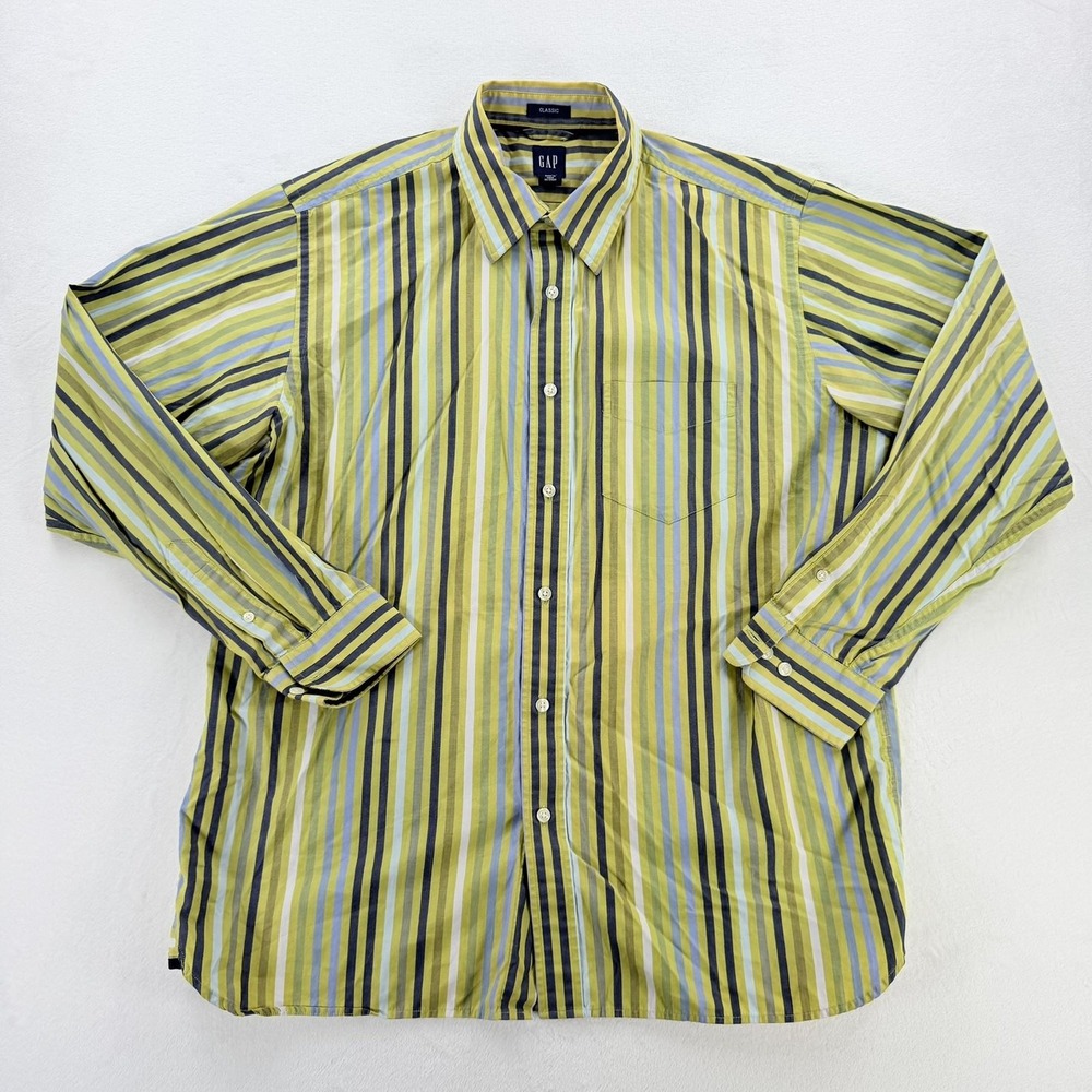 Gap Shirt Mens Large Green Yellow Stripe Classic Button Up Long Sleeve Casual